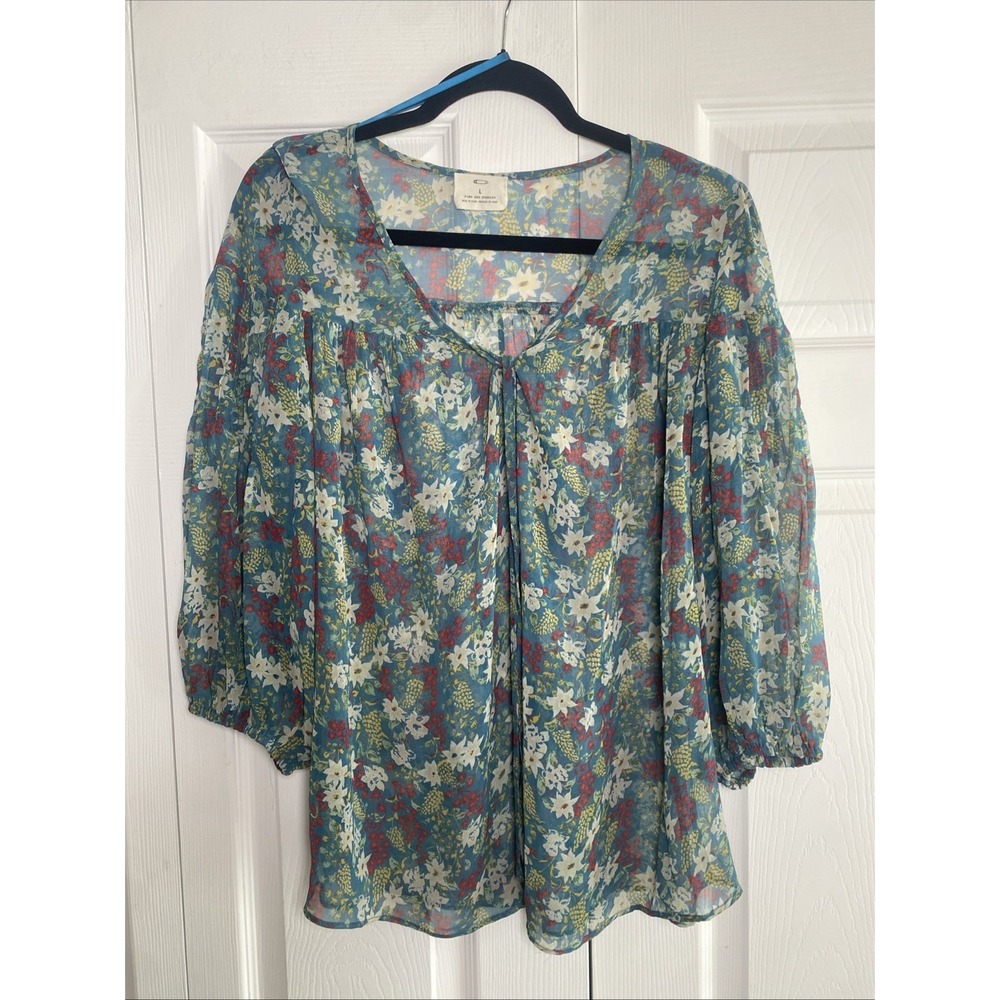 Pins and Needles Floral Chiffon Blouse‎ Womens Size L Blue Boho Sheer Top